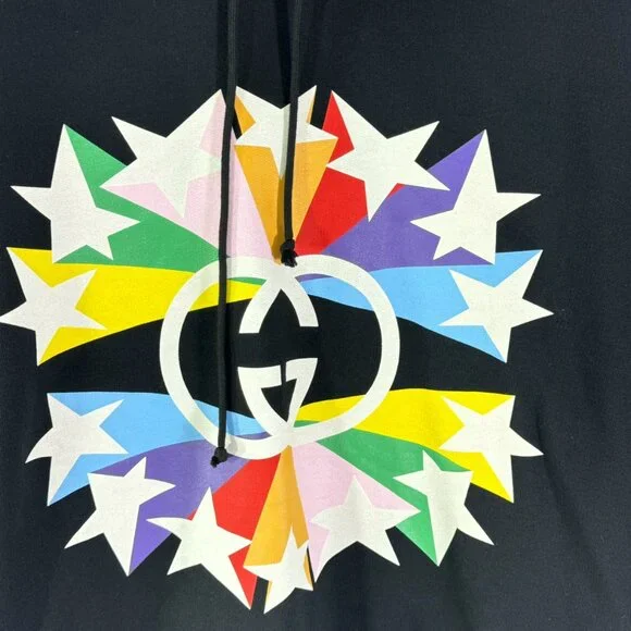 $1,250 GUCCI Black Cotton Multicolor Start GG Men's Hooded Sweatshirt Italy L